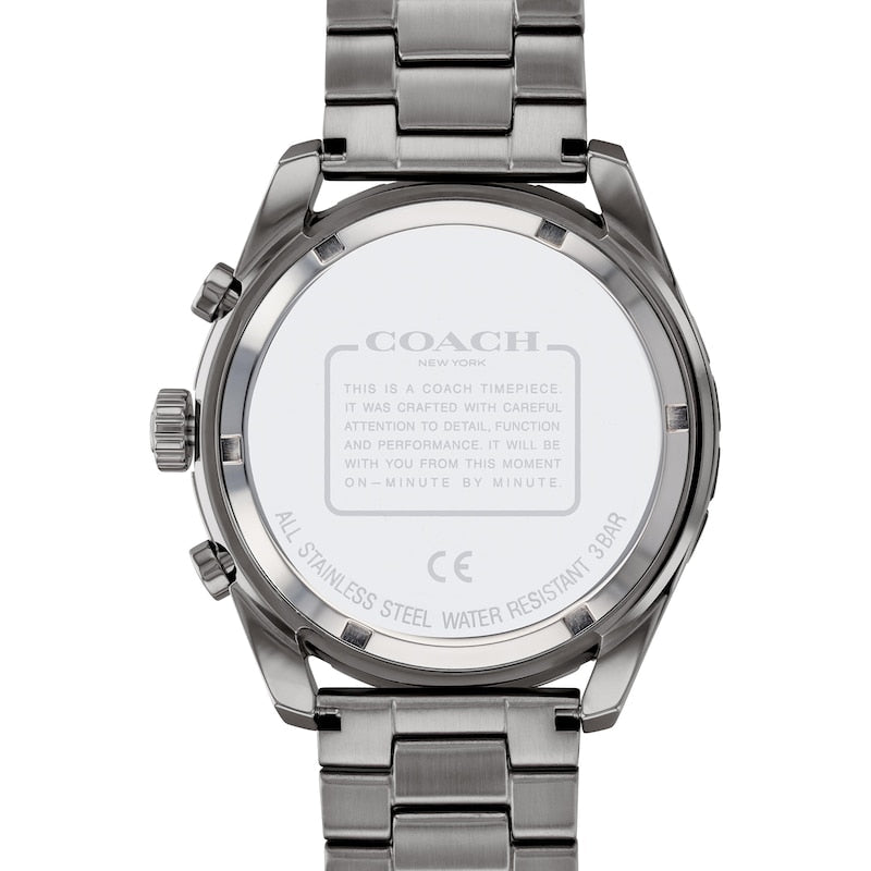 Coach Preston caseback engraved with brand text and water resistance information