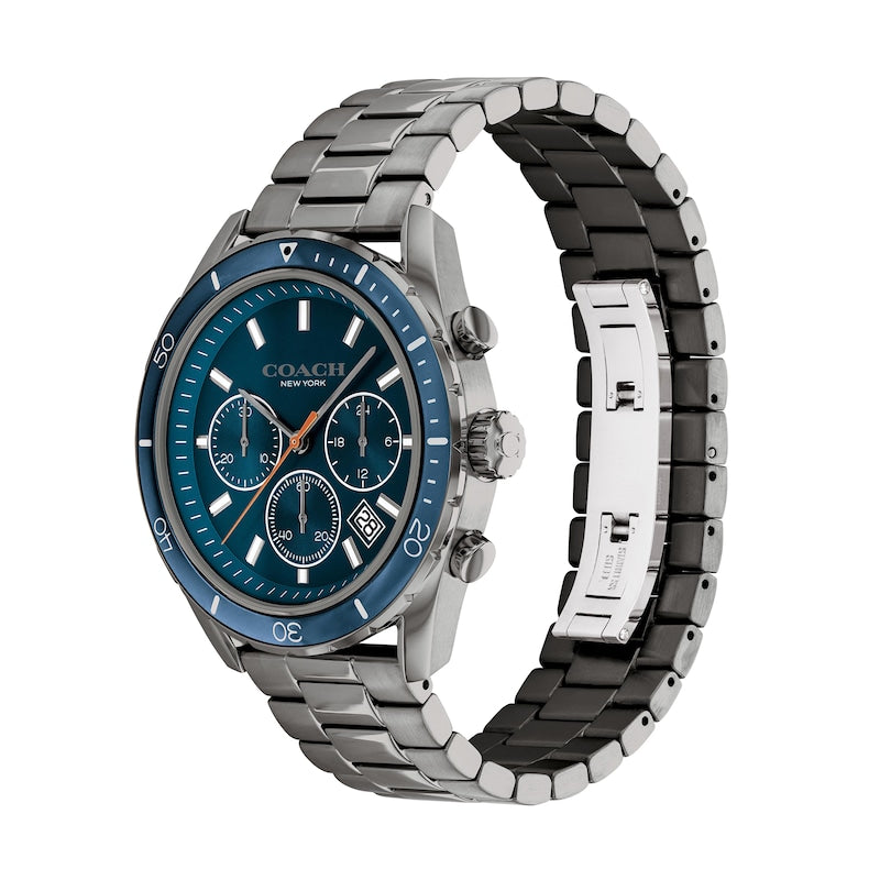 Coach Preston watch displayed at angle with matching gunmetal bracelet