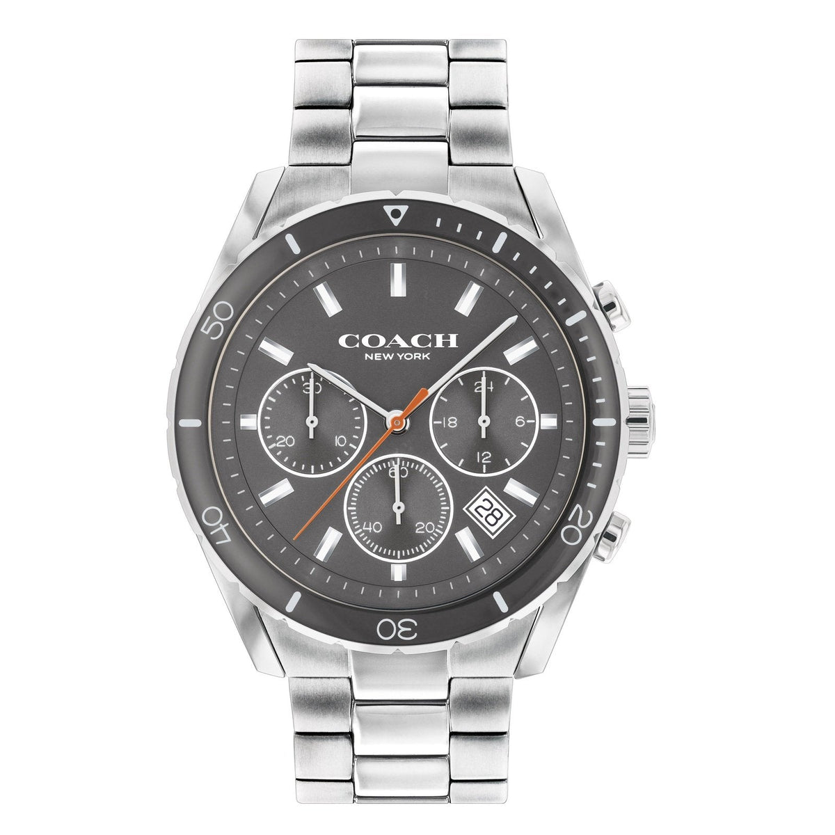 Coach Preston chronograph men's watch with silver bracelet and black dial