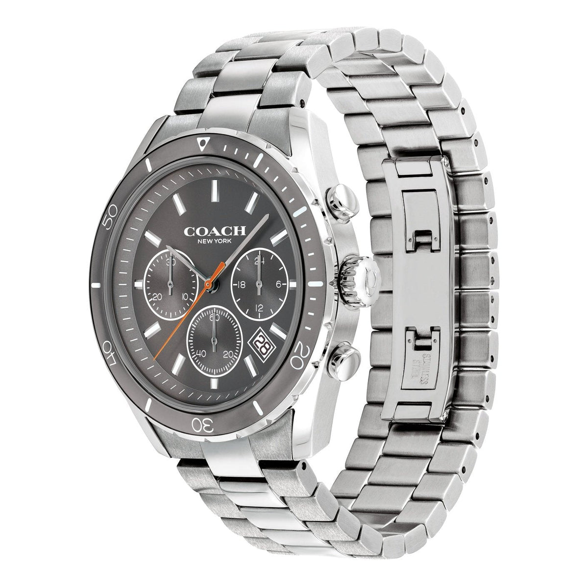 Coach Preston chronograph watch showing angle view of silver bracelet and three subdials