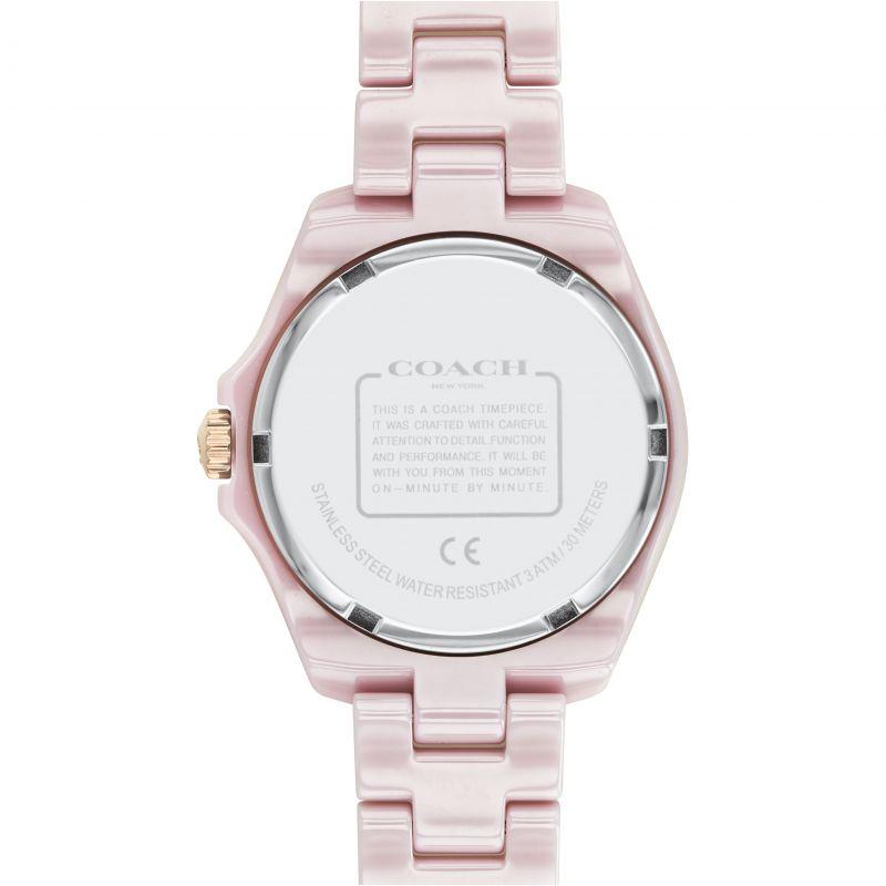 Coach Preston watch caseback showing Coach branding and water resistance information