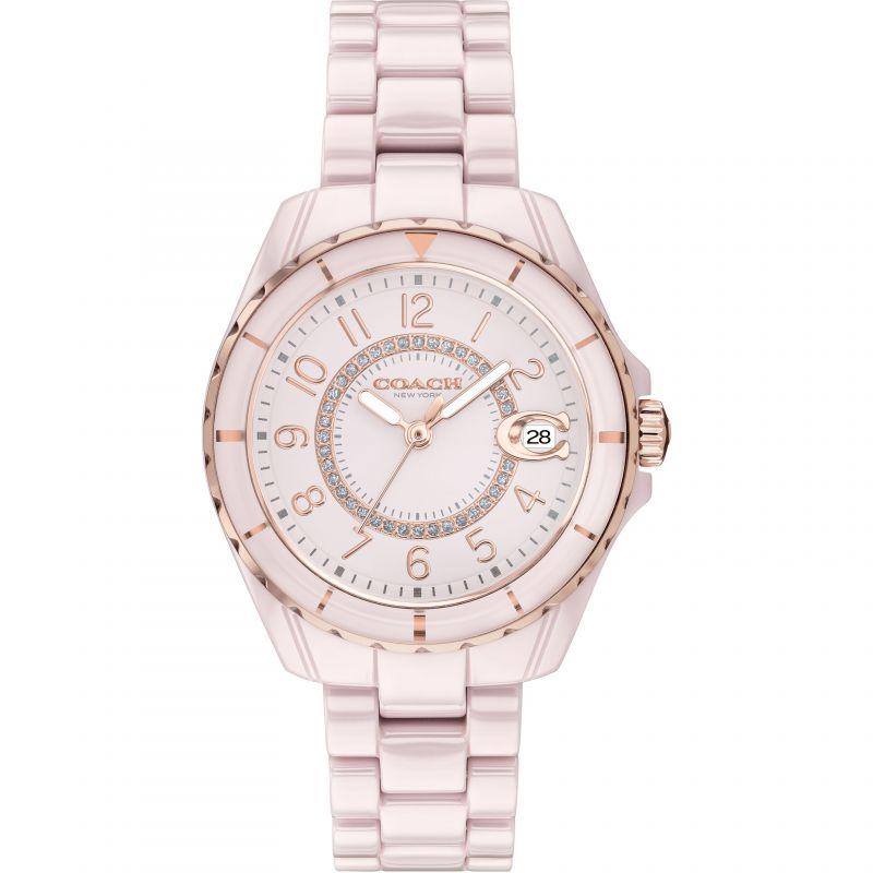 Coach Preston pink blush ceramic women's watch with round dial and matching ceramic bracelet