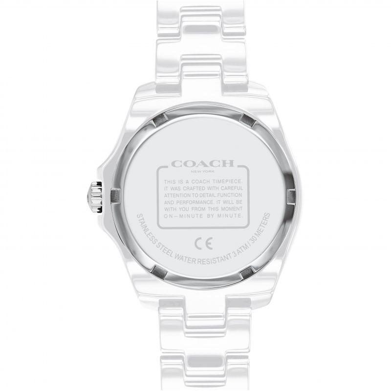 Coach Preston women's watch caseback showing water resistance and brand information