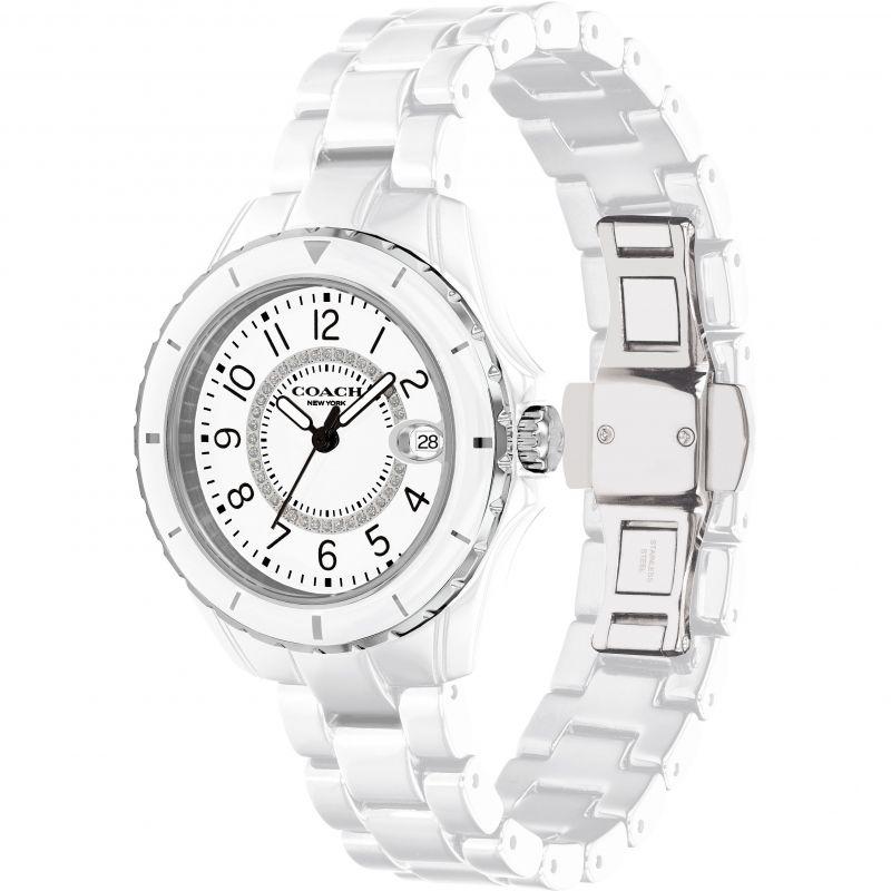 Coach Preston women's watch shown at angle with visible case, bracelet, and white dial