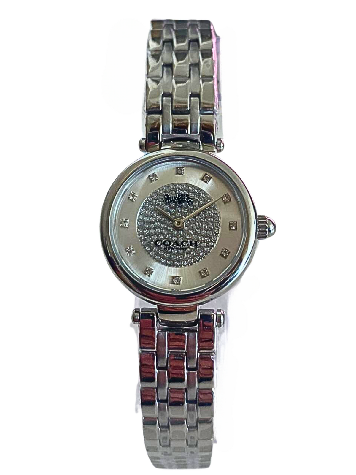 Coach ladies watch 14503641 with steel bracelet and black textured dial at angle