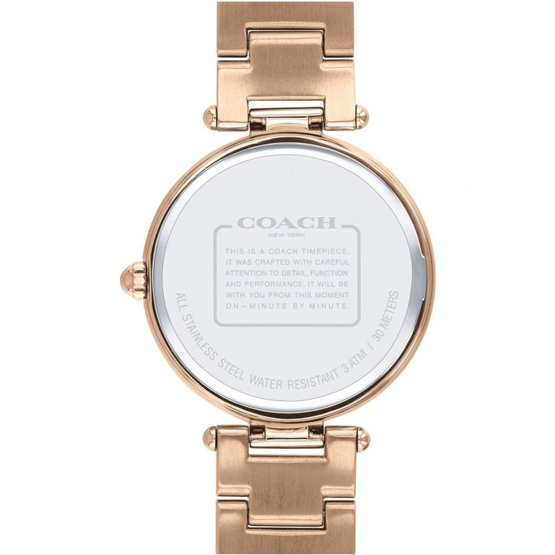 Coach watch caseback showing brand engraving and water resistance rating