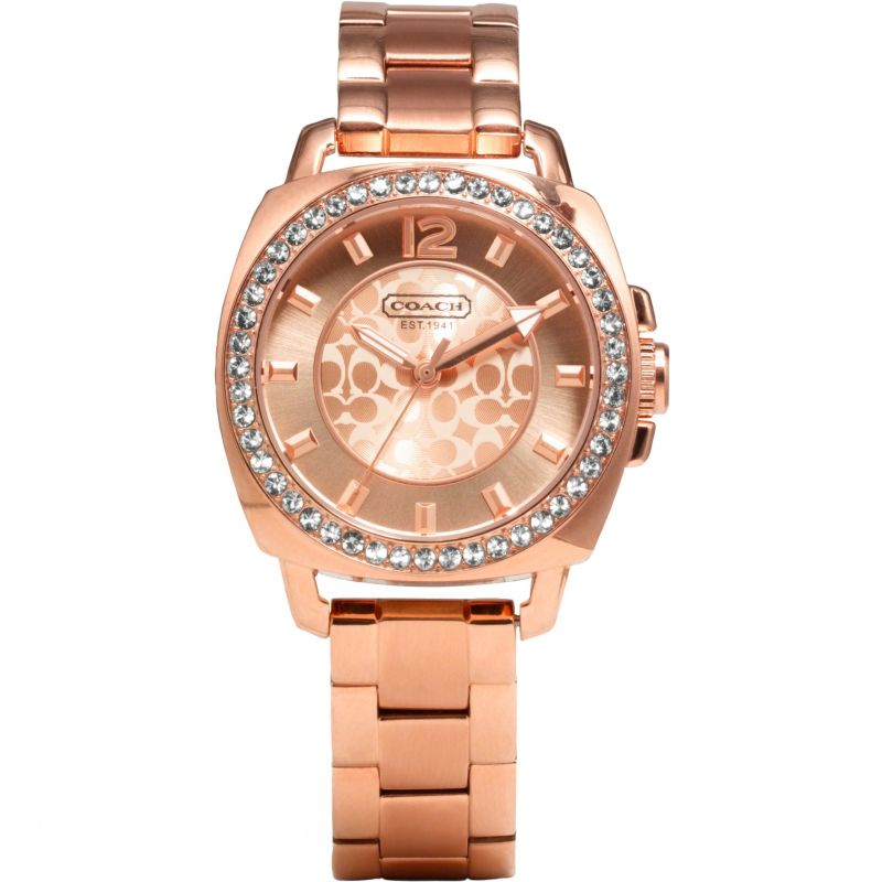 Coach rose gold women's watch with crystal bezel and matching bracelet
