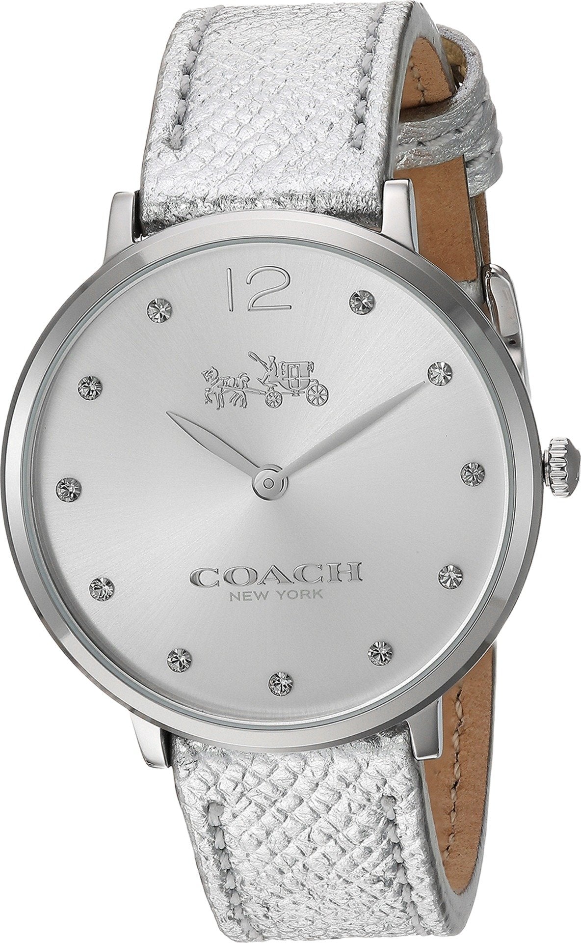 COACH Slim Easton watch at angle showing metallic silver strap and dial detail