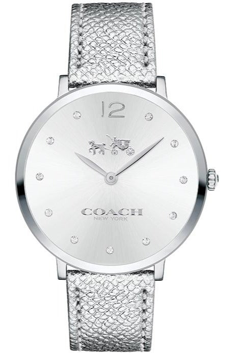 COACH Slim Easton women's watch with silver metallic leather strap and silver dial