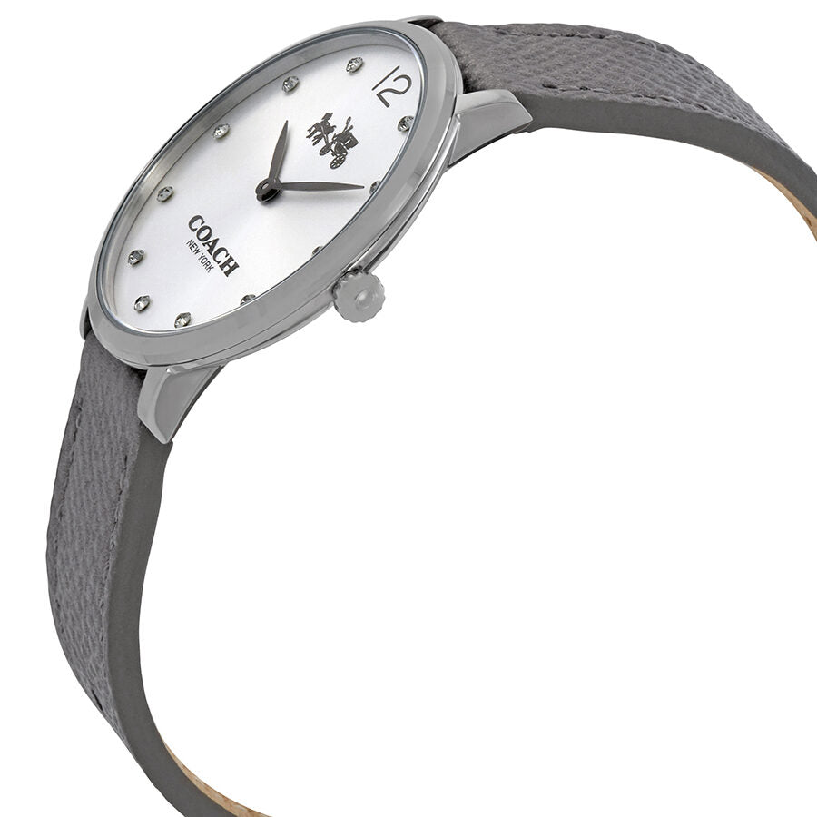 Coach Slim Easton watch angled view showing silver dial and gray leather strap