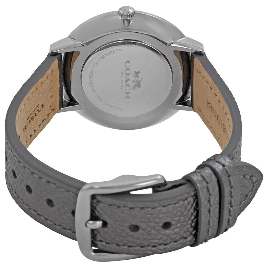 Coach Slim Easton watch caseback view with gray leather strap and buckle