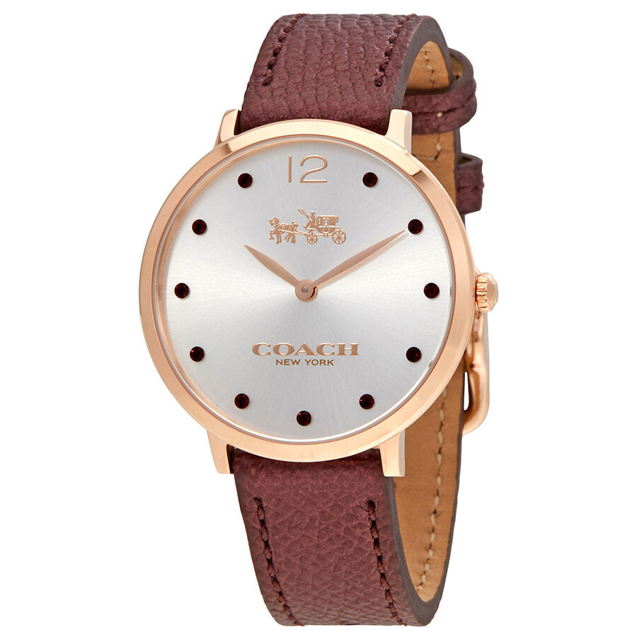 Coach Slim Easton ladies watch with silver dial, rose gold case, and burgundy leather strap