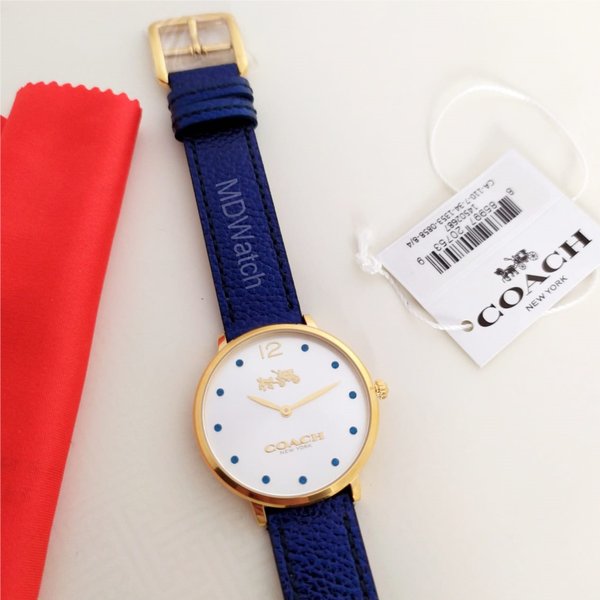 Coach Slim Easton watch with packaging, gift box, care card, and red shopping bag