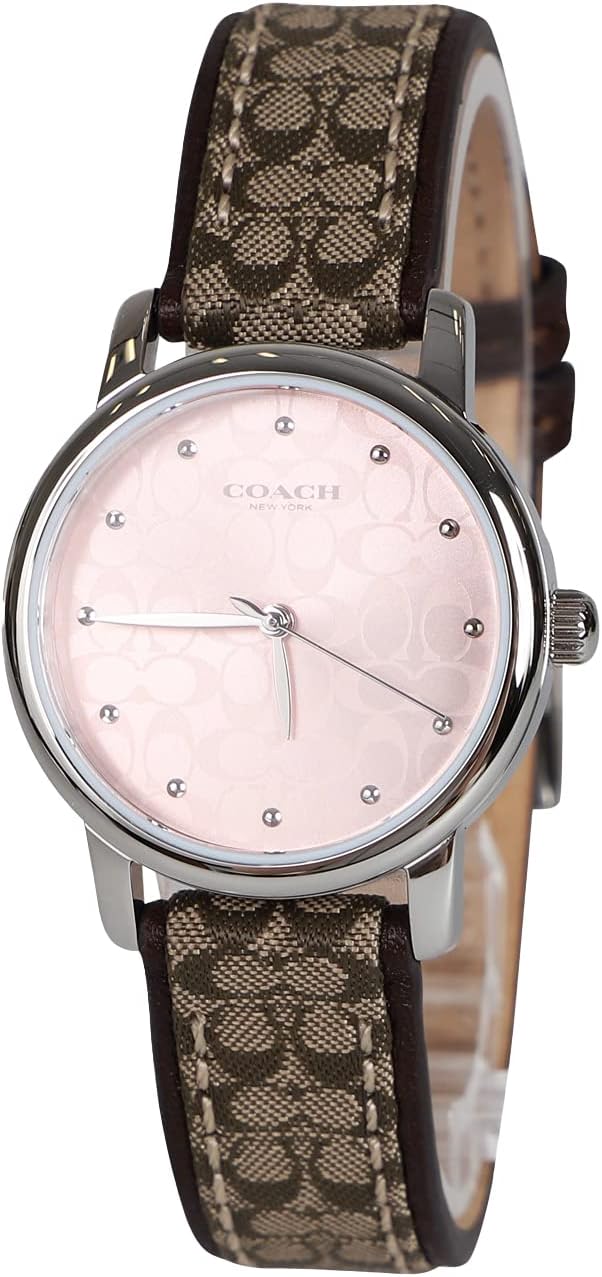 Coach women's watch with pink dial, silver case, and tan signature logo pattern strap