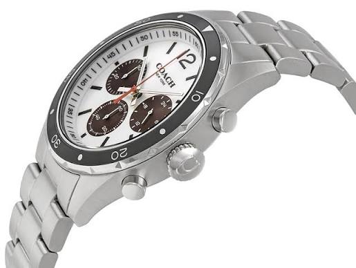 COACH Sullivan chronograph stainless steel watch shown at angle with bracelet detail