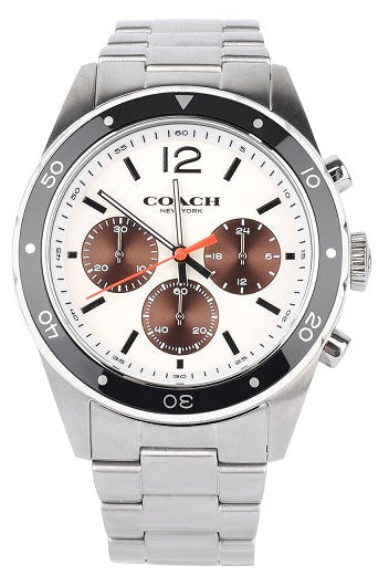 COACH Sullivan chronograph watch with stainless steel bracelet, white dial, and brown subdials