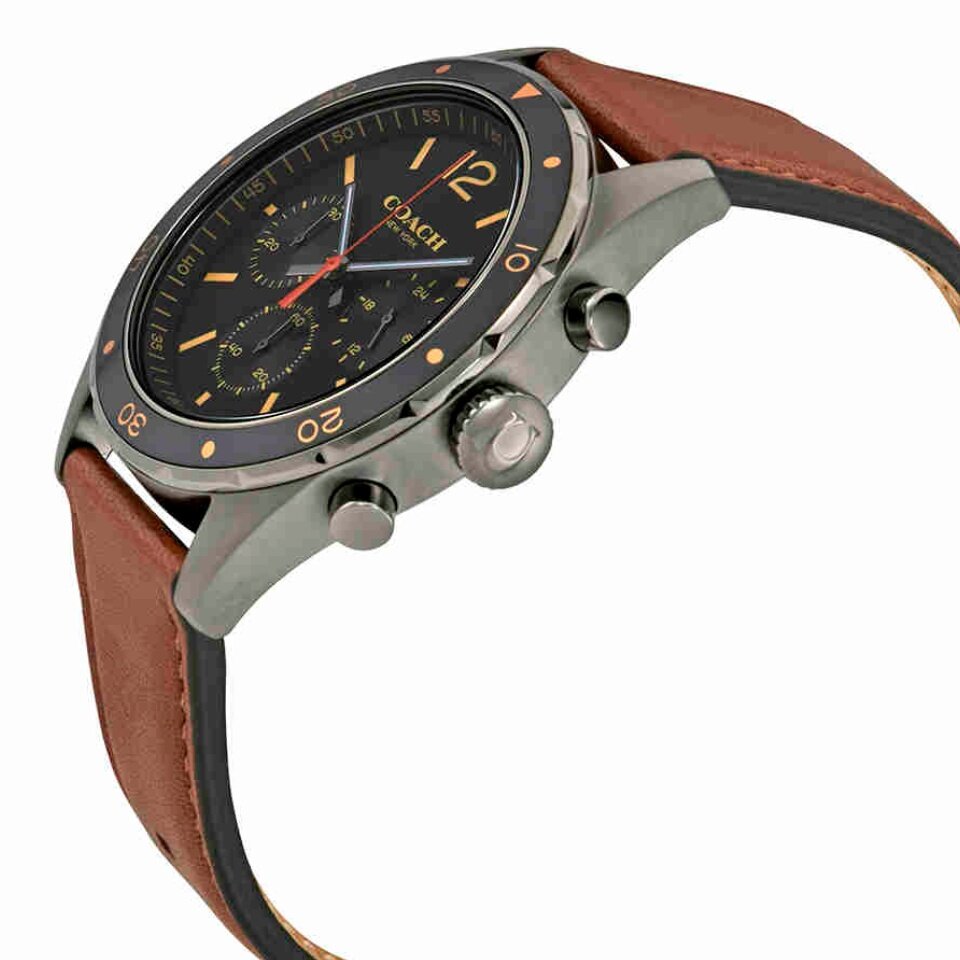 Side angle view of Coach Sullivan chronograph watch with brown leather strap and gunmetal chronograph pushers