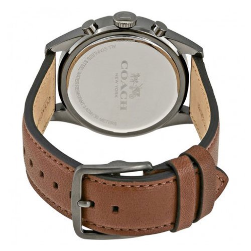 Coach Sullivan watch caseback showing engraved Coach logo and gunmetal case with brown leather strap