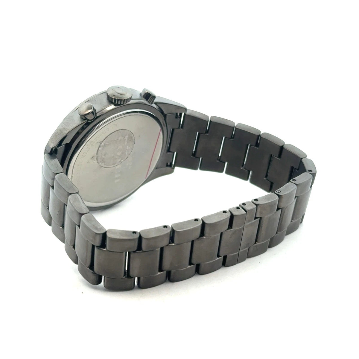 COACH Sullivan watch caseback showing grey-ion plated stainless steel case and bracelet