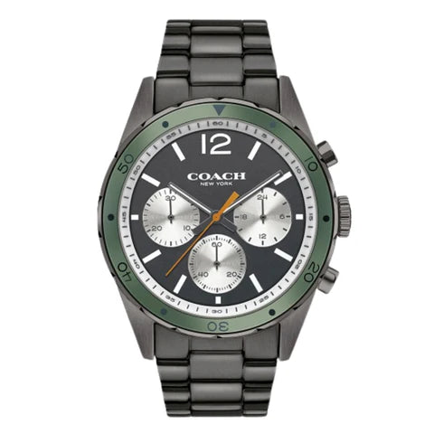 COACH Sullivan chronograph watch with grey-ion plated case, black dial, and green bezel