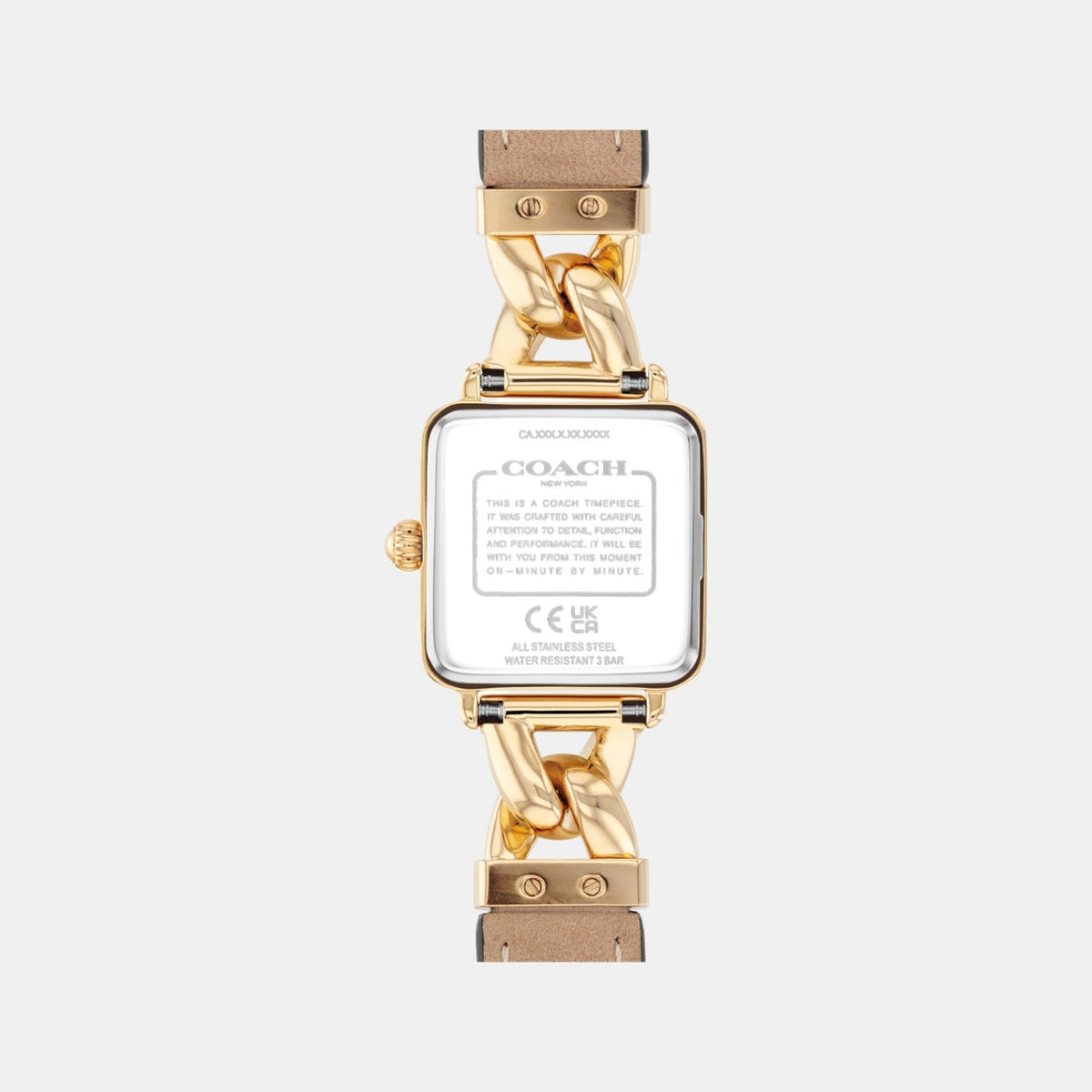 Coach Ladies Watch caseback showing water resistance and certification markings
