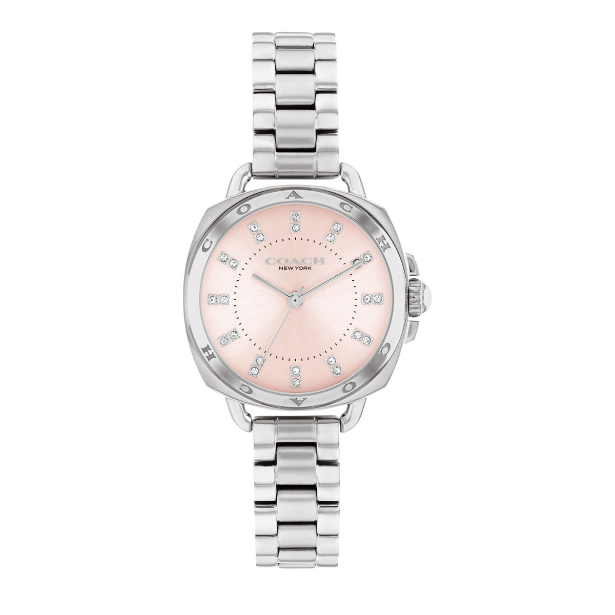 Coach Tatum women's stainless steel quartz watch with pink dial and crystal hour markers