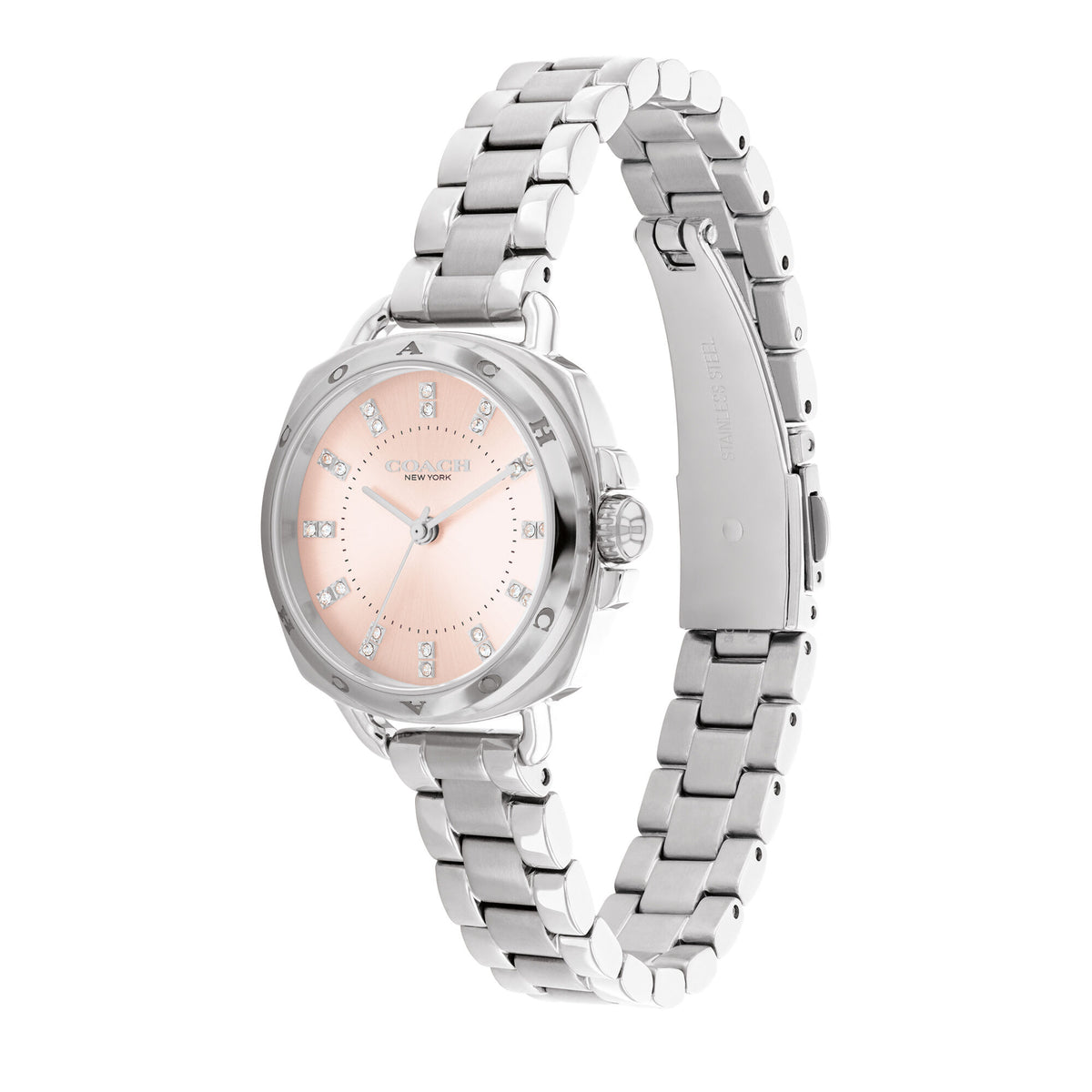 Side profile view of Coach Tatum women's watch with stainless steel bracelet and pink sunburst dial
