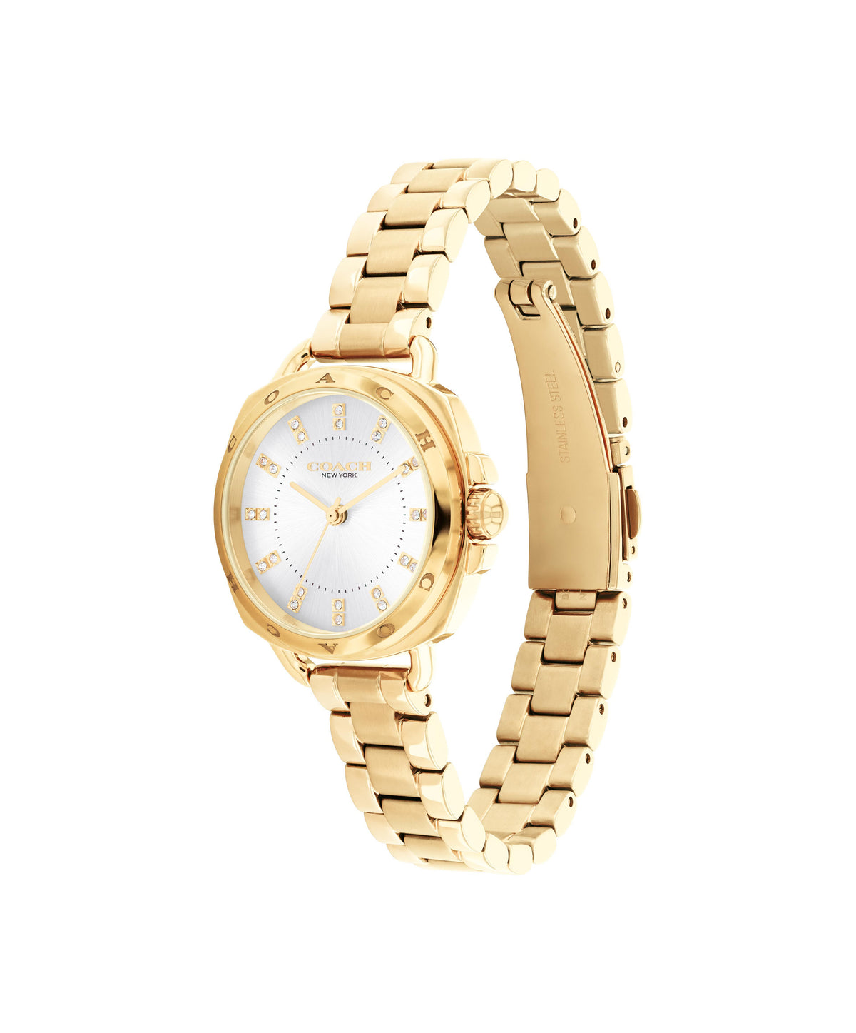 Side profile of Coach Tatum gold-tone watch with silver dial and linked bracelet
