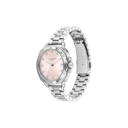 Coach Tatum ladies watch shown at angle displaying blush dial and metal link bracelet