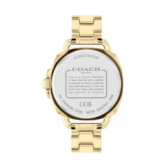 COACH Tatum caseback showing stainless steel water resistance details