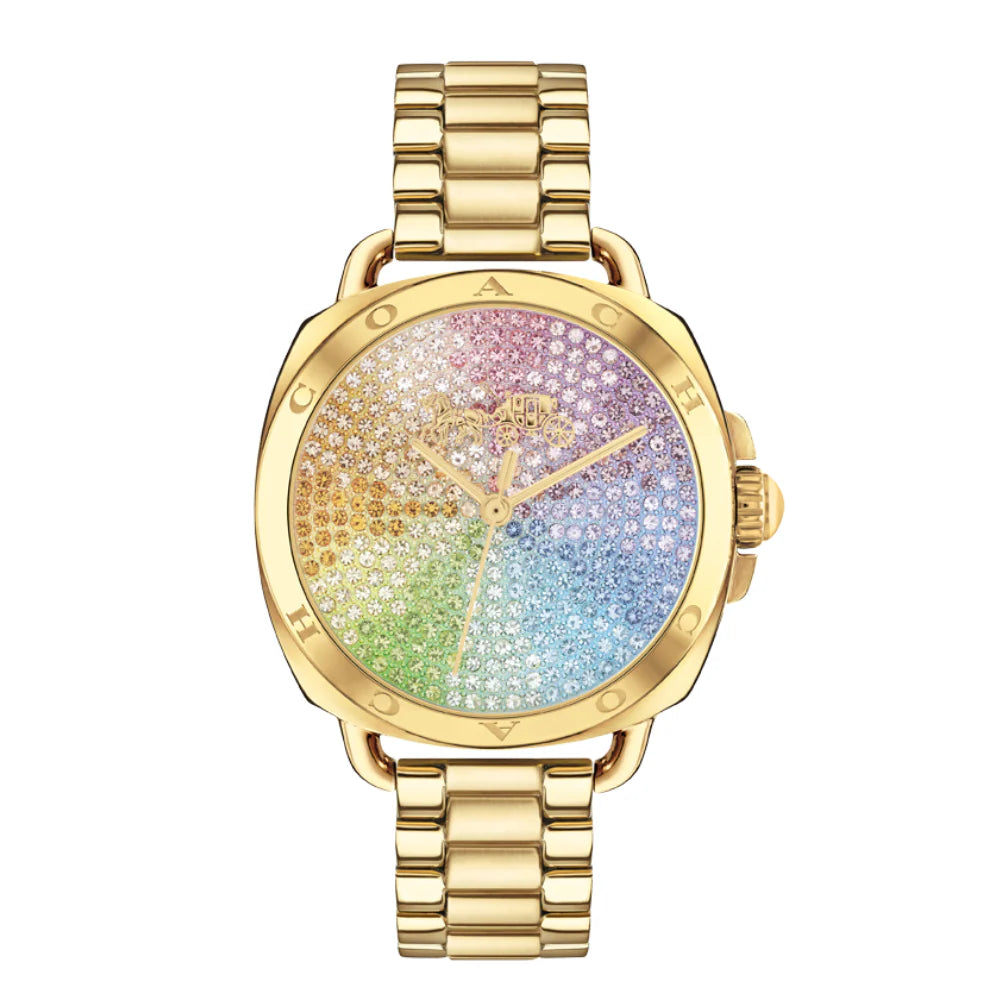 COACH Tatum yellow gold-tone watch with multi-color crystal pave dial