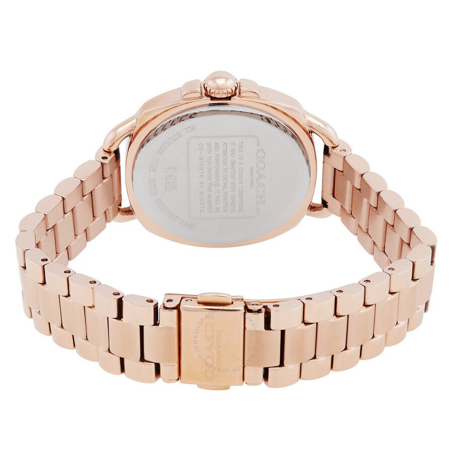 Coach Tatum rose gold watch caseback showing stainless steel back and bracelet