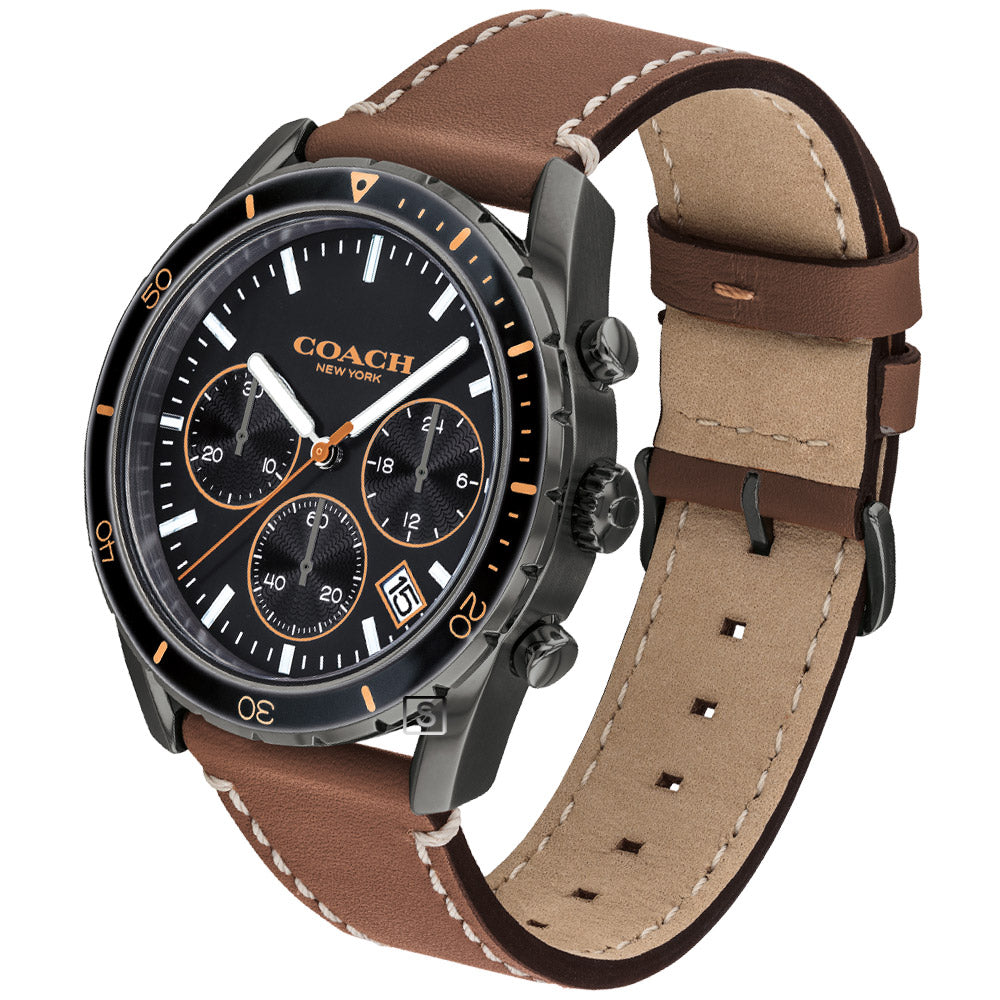 Coach Thompson watch side view showing brown leather strap with white stitching