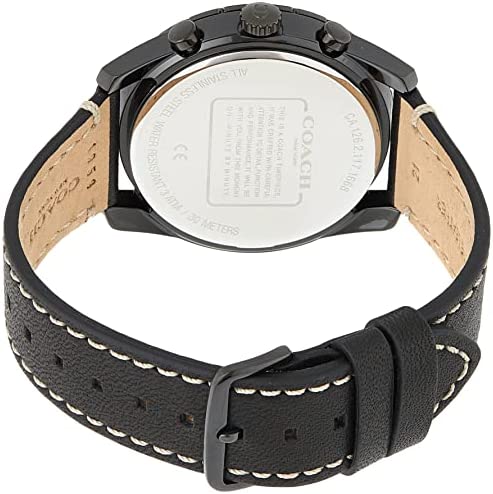 Coach Thompson watch caseback showing engraved dial and black leather strap detail