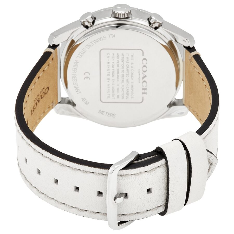 Coach Thompson watch caseback showing stainless steel backing and white leather strap