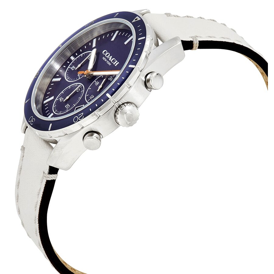 Side view of Coach Thompson watch showing white leather strap and case profile