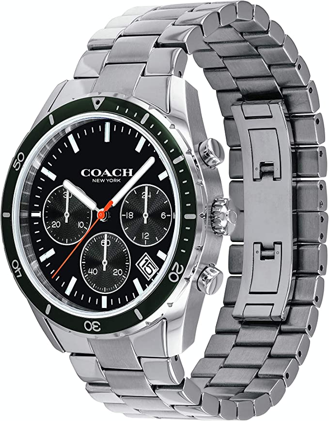 Coach Thompson sports watch side angle view displaying silver steel bracelet and black bezel chronograph dial