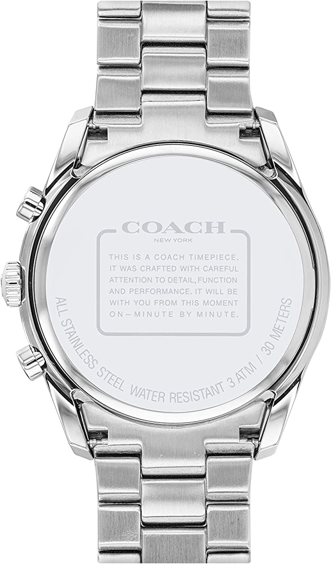Coach Thompson watch case back showing stainless steel water-resistant and chronograph timepiece engraving