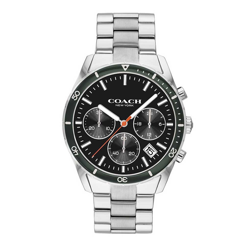 Coach Thompson men's chronograph watch with silver case and black dial showing three subdials and orange accent hands