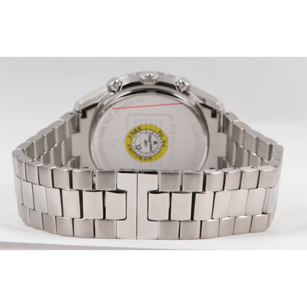 Coach Thompson watch caseback showing silver metal back with yellow dial detail and metal bracelet