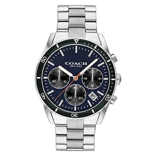 Coach Thompson silver sports watch with blue chronograph dial, black bezel, and silver metal bracelet