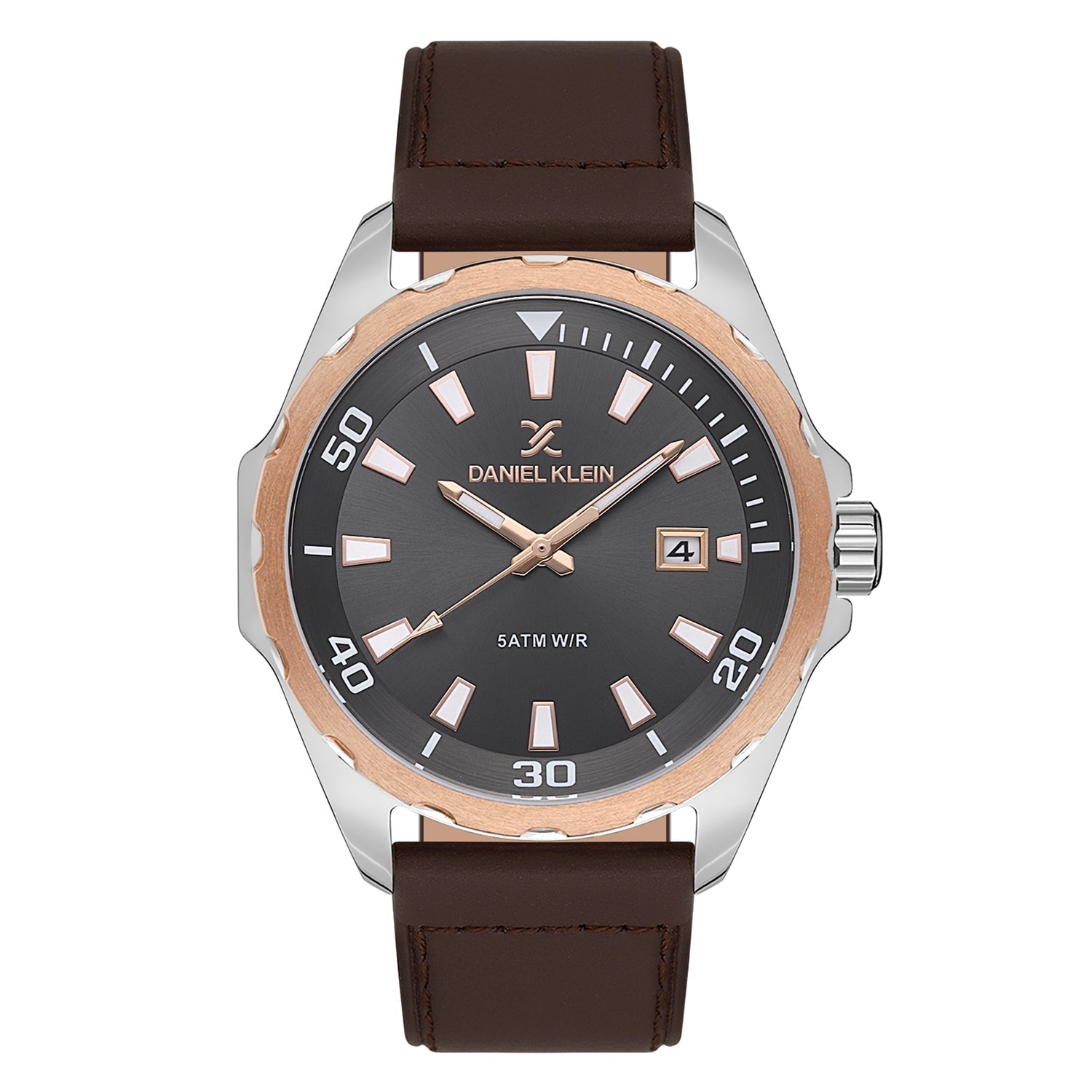 Daniel Klein two-tone watch with grey dial, date window, and brown leather strap