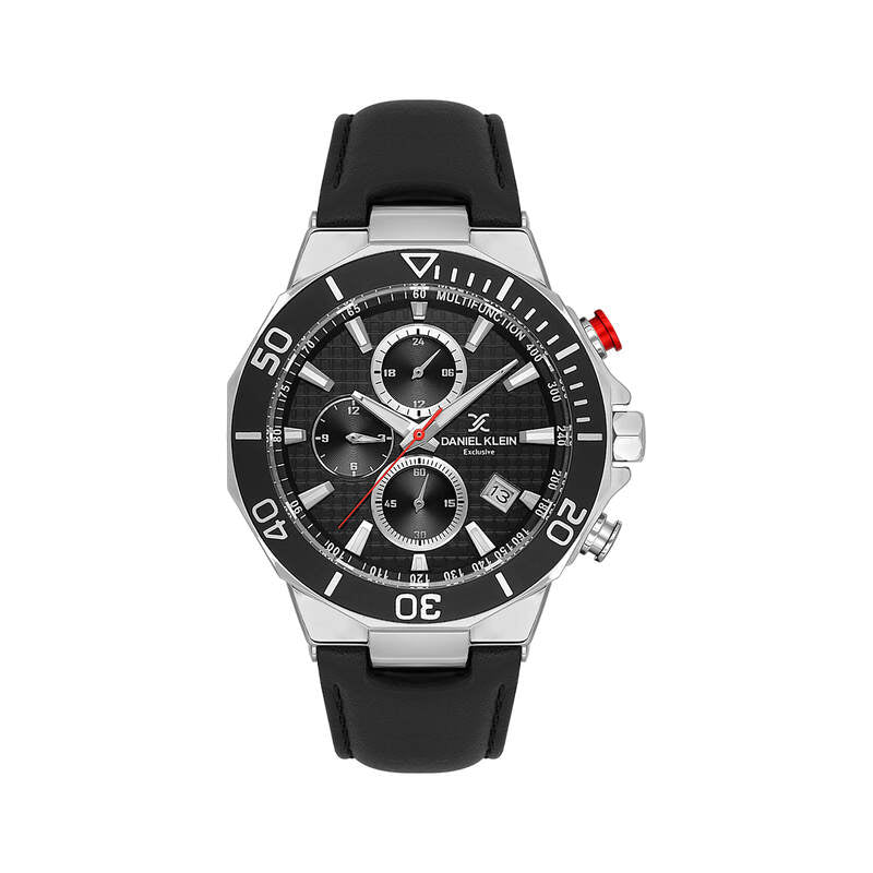 Daniel Klein multifunction watch with black dial, silver case, and black leather strap