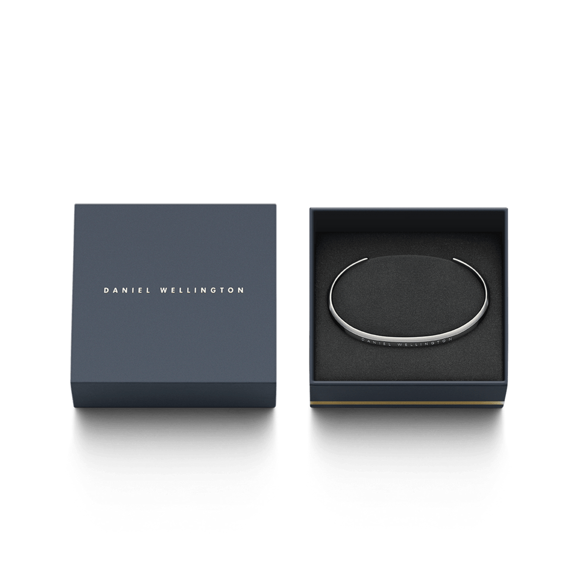 Daniel Wellington branded packaging box containing silver cuff bracelet