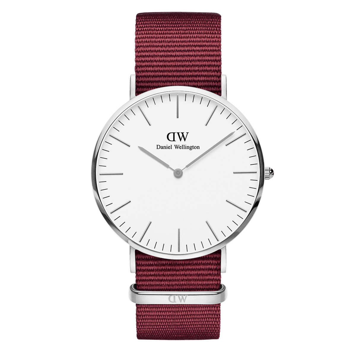 Daniel Wellington Classic watch with white dial and red nylon strap