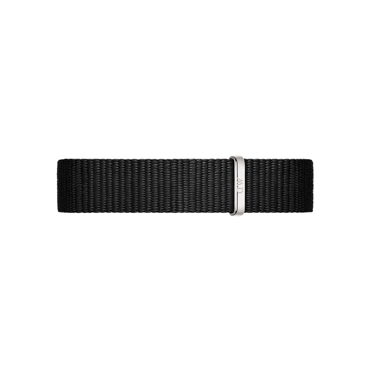 Black nylon fabric watch strap with silver-tone buckle clasp