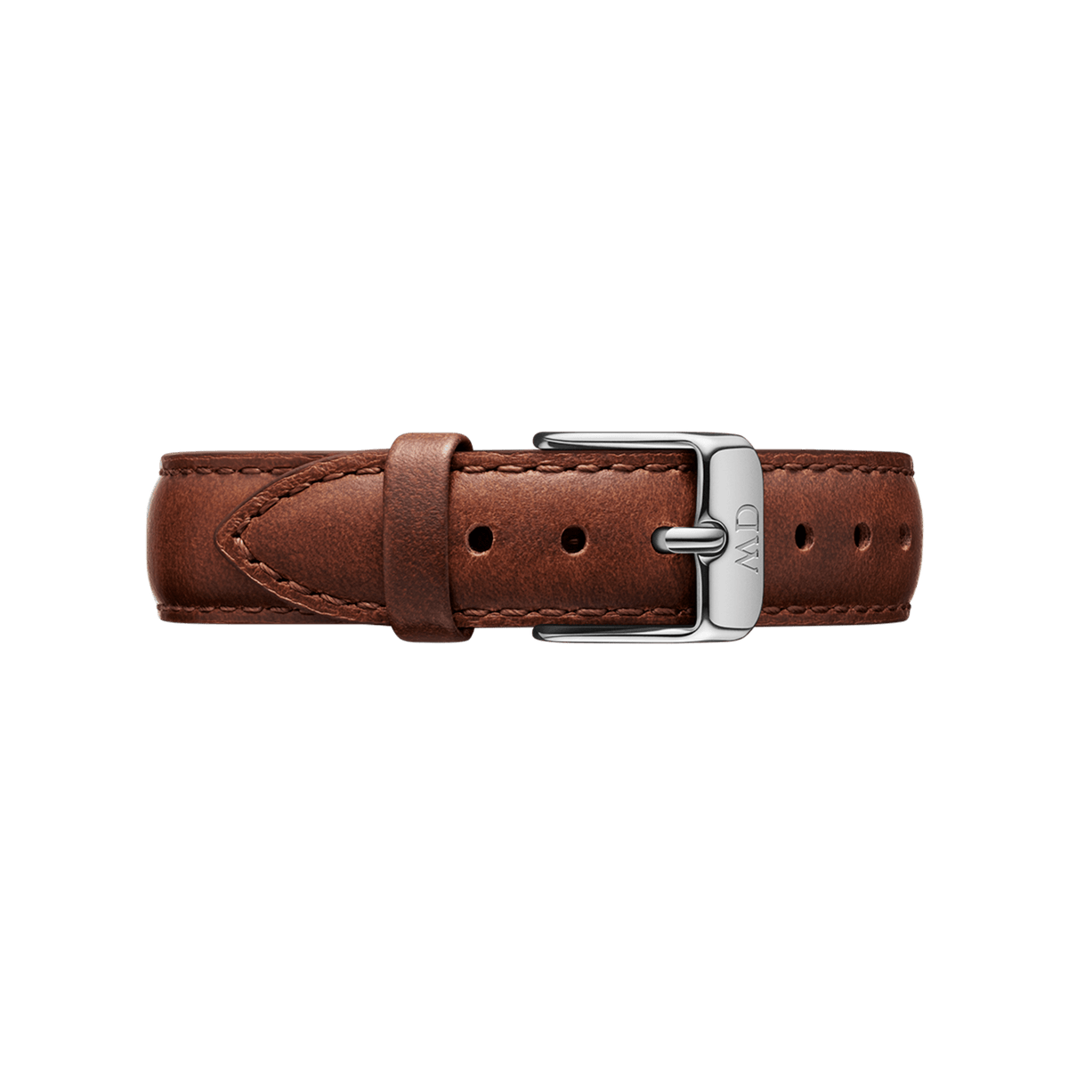 Brown leather strap with silver buckle and stitching detail