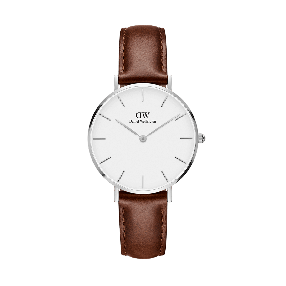 Daniel Wellington Classic Petite St Mawes silver 28mm women's watch with white dial and brown leather strap