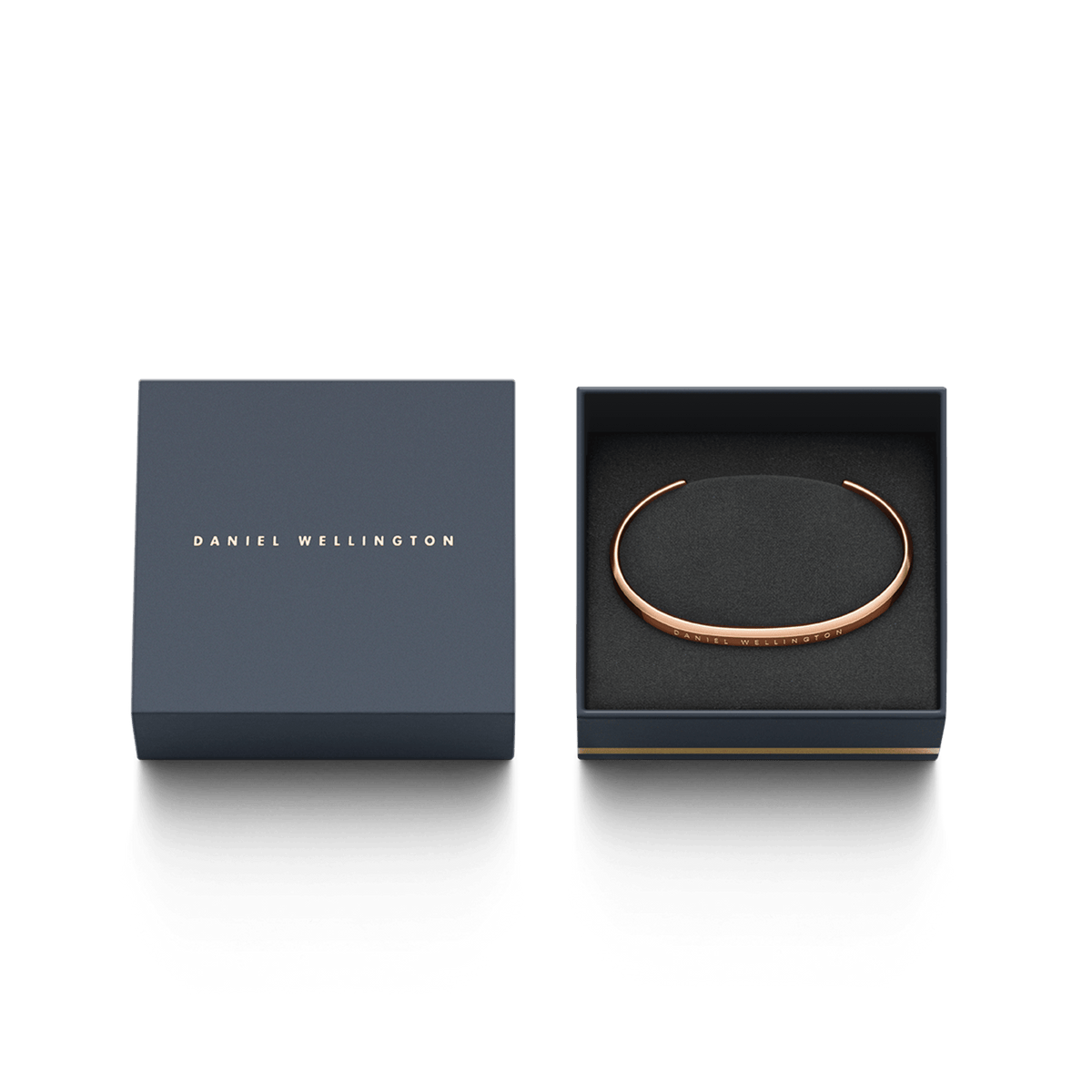 Daniel Wellington packaging showing product box with rose gold cuff inside
