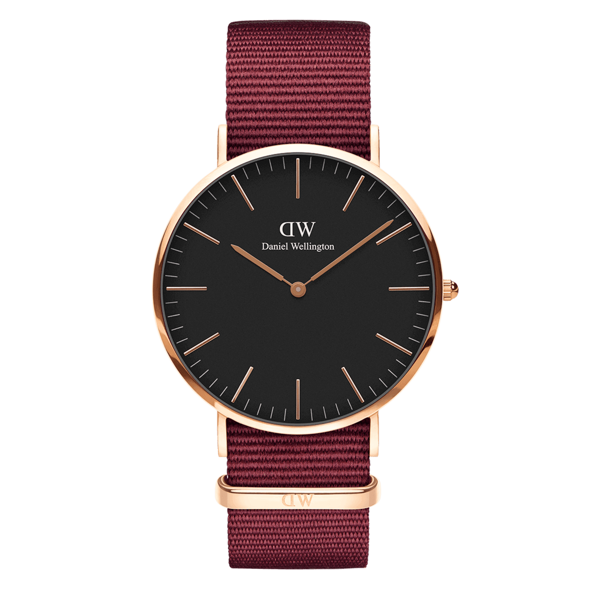 Daniel Wellington Classic Roselyn black dial watch with rose gold case and maroon nylon strap